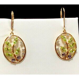 14K Peridot Iolite Diamond Earrings Leverback 4 Grams 1 3/8”